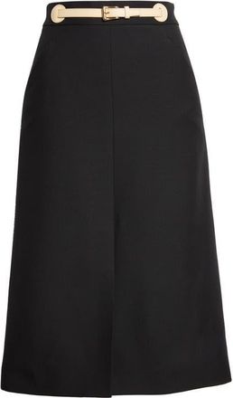 Valentino Garavani Belted Virgin Wool & Silk Midi Skirt in Black/Light Hazelnut at Nordstrom, Size 4 Us
