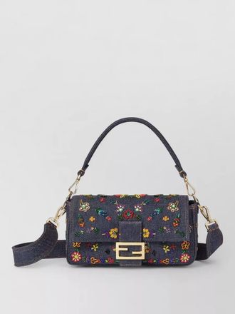 Fendi baguette shoulder bag denim floral embroidery