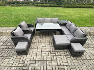 Fimous Outdoor Garden Patio Furniture Wicker Rattan Oblong Rectangular Dining Table & Lounge Sofa set with Adjustable Chair Side Table in Dark Grey