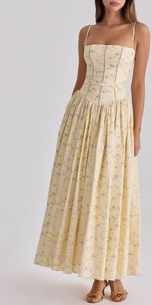 House of CB Ysabella Floral Stretch Cotton Maxi Sundress in Lemon Floral at Nordstrom, Size X-Small A