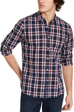 Sun + Stone Shirt Mens Blue Plaid Cotton Spread Collar Button Up ASM2