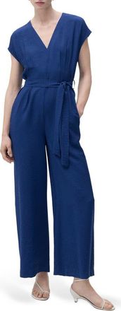 Mango Belted Hammered Satin Jumpsuit in Ink Blue at Nordstrom, Size X-Large