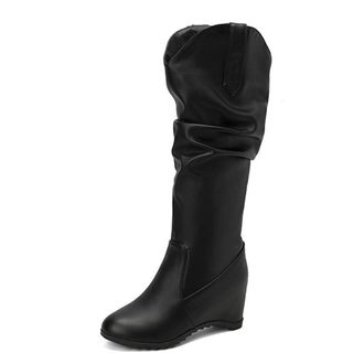 Generic Womens Fashion V-cut Wide Calf Slouch Ruched Knee High Boots Hidden Wedge Heels Round Toe Winter Shoes (Black,5.5)