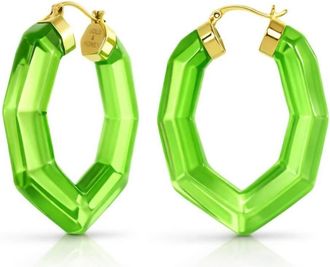 Gold & Honey Pear Gem Lucite Hoop Earrings In Green
