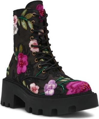 Betsey Johnson Polli Beaded Floral Combat Boot in Black Multi Floral at Nordstrom, Size 8.5