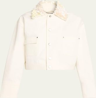 Plan C Sequined Collar Crop Denim Jacket