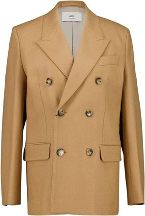 Ami Camelkleurige Oversized Jas van Wol met Dubbele Rij Knopen - Dames - Blazers - Bruin - M - Wol - Jassen