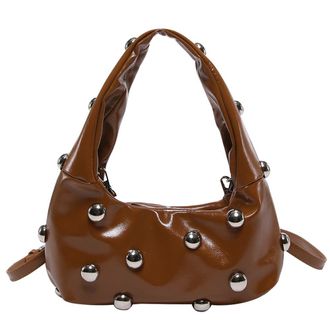 Generic Women PU Rivet Shoulder Bag Stylish Crossbody Bag Solid Color Trendy Underarm Bag Adjustable Strap Punk Style Satchel Purse Chic Hobo Bag (Brown)