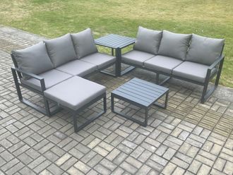 Fimous Aluminium 5 Pieces Garden Furniture Sofa Set with Cushions 7 Seater Outdoor Patio Set with Square Coffee Table Big Footstool Side Table