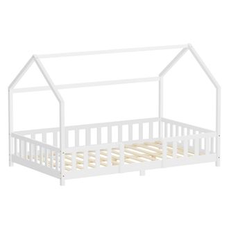 ML Design Ml-design Cama Infantil 120x200 Cm En Forma De Casa, Madera Maciza De Pino Blanca Con Protecci&oacute;n Antica&iacute;da, Techo Y Somier De L&aacute;minas, Cuna De Suelo P