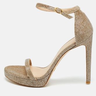 Stuart Weitzman Nudist Size 39.5 Gold Metallic Lurex Fabric Ankle Strap Sandals