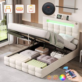 Matteo 4ft6 Double Ottoman Bed Frame - Velvet, Storage, LED & USB - Beige