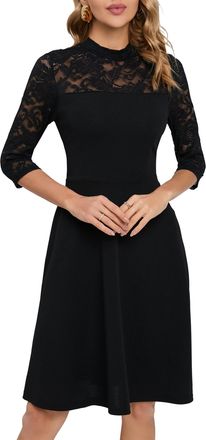 Homeyee Womens Elegant 3/4 Sleeve Floral Lace Rockabilly Swing A-line Cocktail Dress A368 (XL, Black)