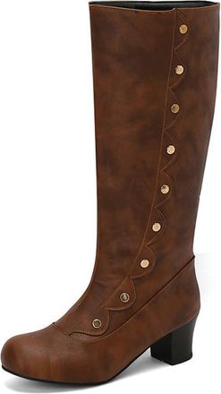Generic Womens Vintage Victorian Knee High Riding Boots with Studded Decor Comfort Low Heel Round Toe Casual Winter Shoes (5.5,Brown)