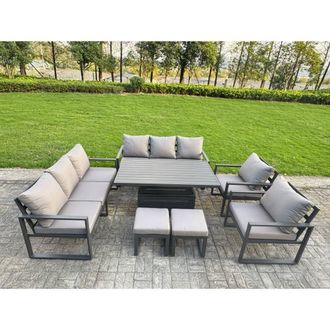 Fimous Aluminum 7-Piece 10-Seater Dining Set with Lifting Table & Cushions in Dark Grey