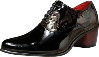 Generic Mens Wedding Dress Shoes Vintage Patent Lace-ups Oxfords Pointed Toe Leather Shoe Block Heel Non Slip Causal Height Increase Footwear for Office Commu