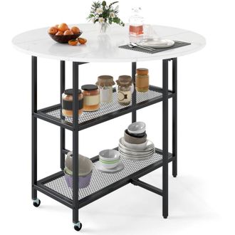 Costway 100cm Round Kitchen Table Modern Dining Table w/Drop Leaf Tabletop-White