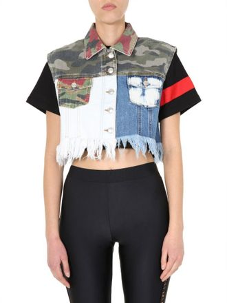 GCDS Cropped Denim Vest With Patchwork Design