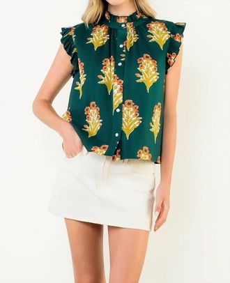 THML Clothing Flutter Sleeve Floral Blouse In Green