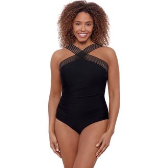 Aqua Green High Criss Cross Neck Full Coverage Novelty Trim One-Piece Swimsuit in Black at Nordstrom, Size X-Large