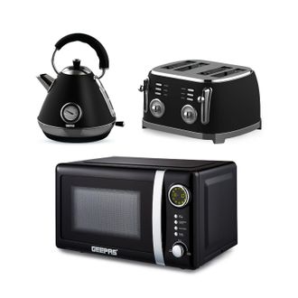 Geepas Retrovive 1.7L Kettle Toaster & 20L Microwave Set 4 Slice Toaster in Black