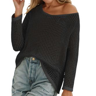 Generic Crochet Tops for Women UK Sexy Hollow Out Long Sleeve Off Shoulder Jumper Casual Summer Knit Beach Cover Up Lightweight Breathable Sweaters Pullover T