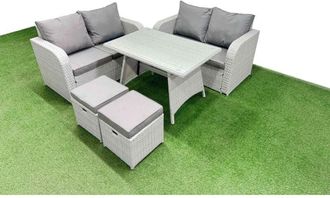 Fimous 6 Seater Outdoor Love Sofa Set Rattan Garden Furniture Set with Rectangular Dining Table 2 Small Footstool Light Grey - Fimous