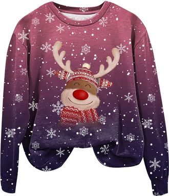 Generic Christmas Sweatshirts for Women Uk Xmas Tree Reindeer Snowflake Graphic Print Casual Long Sleeve Shirts Tunic Tops Womens Christmas Sweatshirts Womens