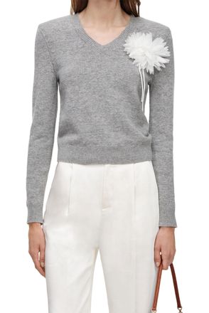 Self Portrait Fitted Grey Knit Sweater with Floral Applique