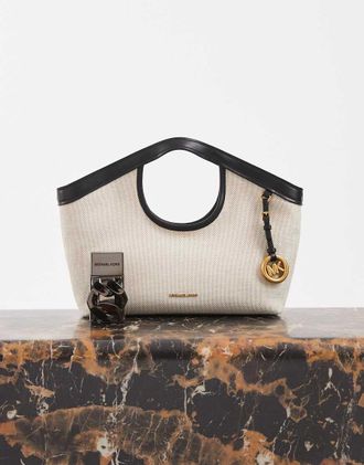 Michael Kors Haddie - Borsa shopping piccola in tela color crema e nera-Bianco