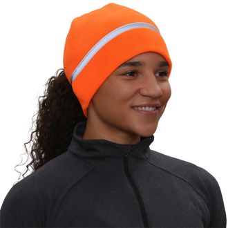 TrailHeads Womens Ponytail Hat | Reflective Cold Weather Running Beanie | Hat for Running, Hiking, XC Skiing - Hunter Orange