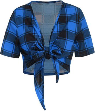 Generic Summer Red Checked Vintage Crop Tops Tie Front Shirt Women Y2k T Shirt Girls Sexy Clothes