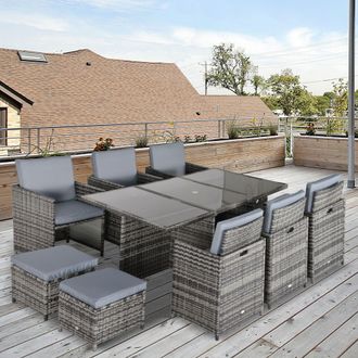 OUTSUNNY 11PC Garden Rattan Dining Set Cushion Patio Table Chair Conservatory in Grey