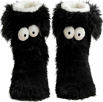 Generic Friends Cozy Socks for Women, Cute Big Eyes Fuzzy Slipper Socks with Ears, Winter Warm Plush Fleece Non-Slip House Socks for Indoor Wear (black)