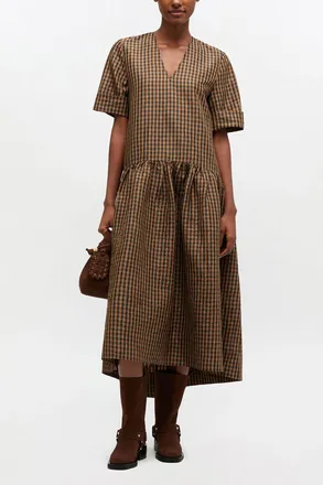 Ganni Crinkled Check Long Dress - Size 34 Brown