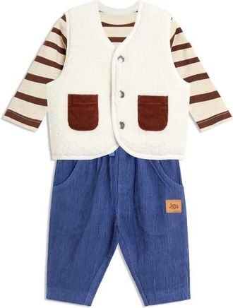 JoJo Maman B&eacute;b&eacute; Long Sleeve T-Shirt, Reversible Teddy Vest & Pants Set in Brown at Nordstrom, Size 0-3M