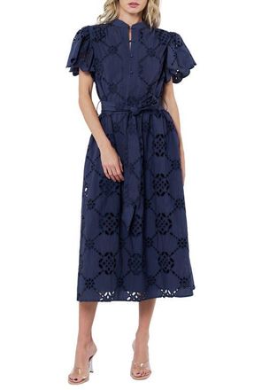 Ciebon Willa Eyelet Lace Midi Shirtdress in Navy at Nordstrom, Size X-Large