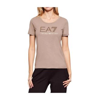 Emporio Armani T-Shirts, female, Beige, Size: XS Logo Series Stretch-Cotton Crew-Neck T-Shirt with Rhinestones