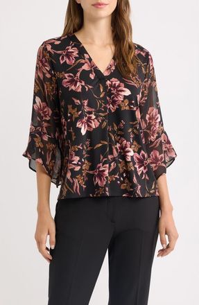 Anne Klein Ruffle Sleeve Top in Anne Blk S Primrose Mlt at Nordstrom, Size X-Large