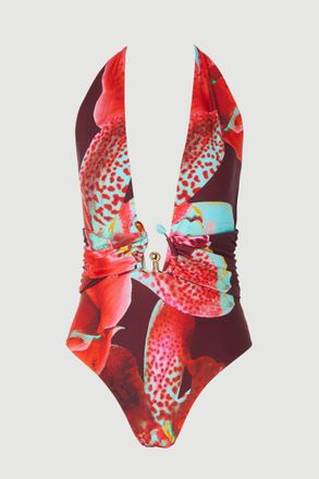 Karen Millen Womens Photographic Floral Plunge Swimsuit With Stone Detail - Wine Nylon - Size X-Small