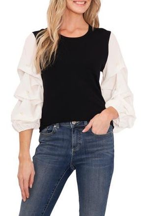 CeCe by Cynthia Steffe Colorblock Tucked Sleeve Cotton Sweater in Rich Black at Nordstrom Rack, Size X-Small