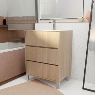Aurlane Pack Mueble De Ba&ntilde;o 60 Cm Roble Claro 3 Cajones Con Lavabo De Cer&aacute;mica
