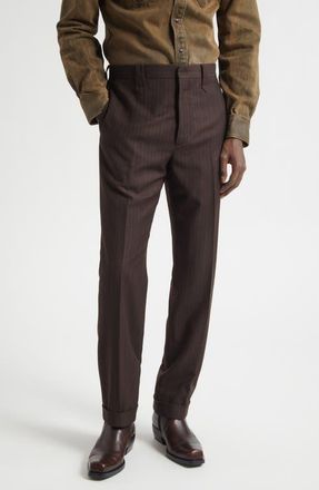 Ralph Lauren Slim Fit Pinstripe Wool Flannel Western Straight Leg Pants in Brown Charcoal at Nordstrom, Size 36R