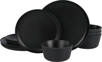 Gibson Home Fairhope 12 Piece Melamine Round Dinnerware Set in Matte Black