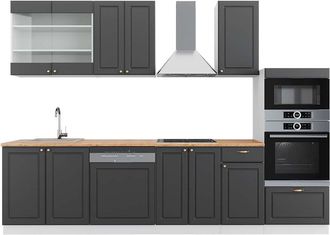 Vicco Mueble De Cocina Fame-line, Antracita-oro/blanco, 300 Cm Con Armario Alto, Et Roble, Vicco