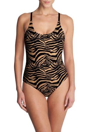 Natori Riviera Reversible One-Piece Swimsuit in Camel Zebra /Poinsettia at Nordstrom, Size X-Small