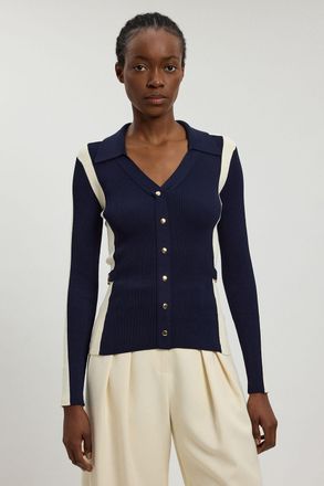 Karen Millen Womens Viscose Rib Contrast Colour Button Knit Top - Navy