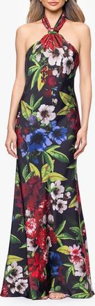 Betsy & Adam Floral Print Satin Halter Dress in Black/Multi at Nordstrom, Size 10