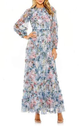 Mac Duggal Floral Long Sleeve High Neck Ruffle Detail Gown in Platinum Multi at Nordstrom, Size 16