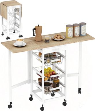 OEM Carrito Auxiliar Plegable Carrito De Cocina Con 6 Ruedas 1 Caj&oacute;n Y 3 Cesta De Metal 97,2x37x77,5 Cm Blanco Y Roble